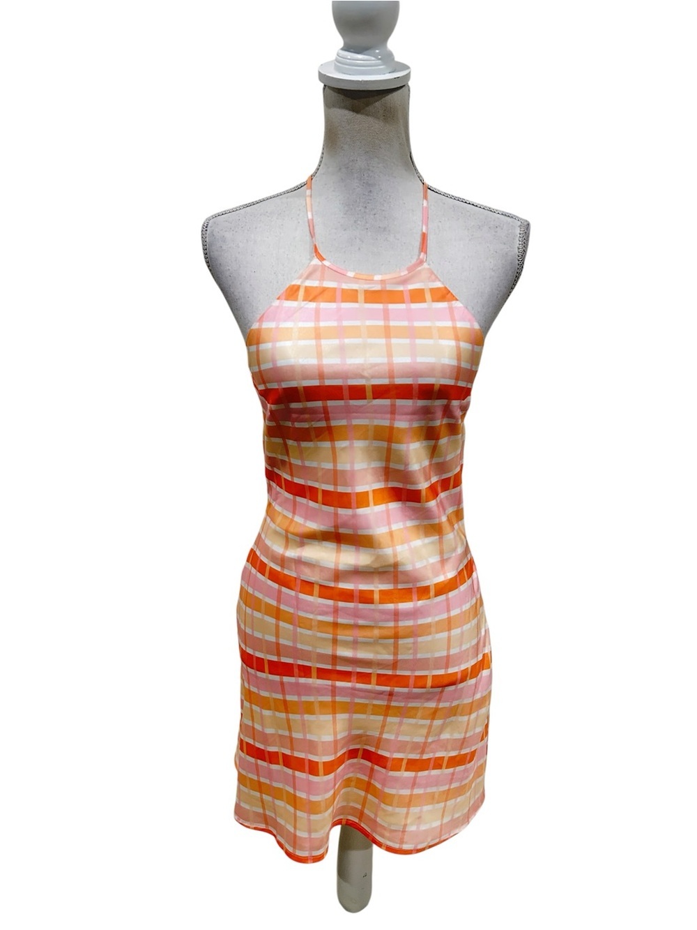 NIA Light Orange peach pink white check halter mini sundress size Medium